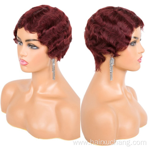 Short Black Curly Wigs For Black Women None Lace Machine Made Pixie Cut Finger Wave Human Hair Wigs